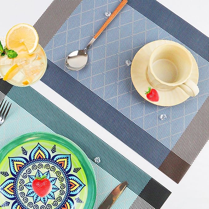 CADONO Placemats Set of 6 Washable Indoor/Outdoor Vinyl Place Mats for Dining Table Durable Non-Slip Heat Resistant PVC Weave Table Mats(Rhombus-Blue)