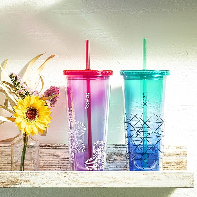 bzyoo SIP 24oz (710ml) Double Wall Plastic Tumbler with Lid and Straw Cold Drink Travel Mug Party Reusable Cup For Office Outdoor Dining Gift For Him & Her (Blue & Green)