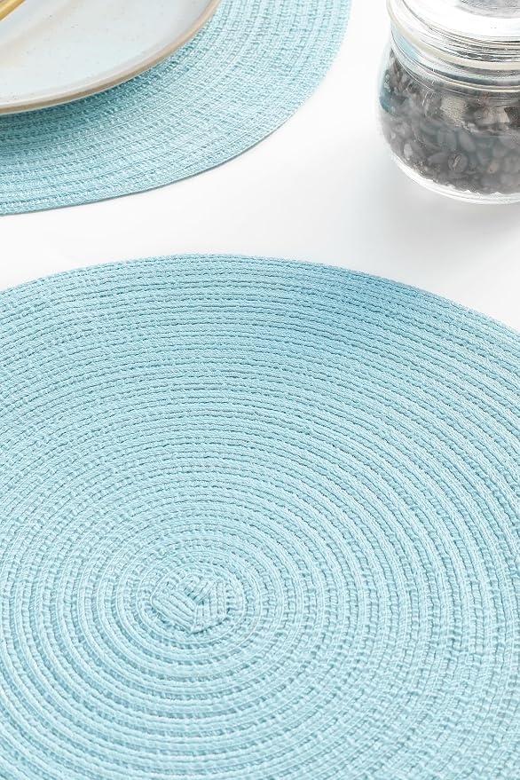 Floroom 15 Inch Round Braided Placemats Set of 4, Washable Heat Resistant Cotton Polyester Circle Place Mats for Kitchen Dining Table - Light Blue