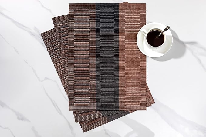 LEXMORE Placemats Set of 4 Vinyl/Plastic Woven Place Mats for Kitchen Table Indoor/Outdoor Washable Placemat Wipeable Dining Table Mats(Ombre Brown Black)
