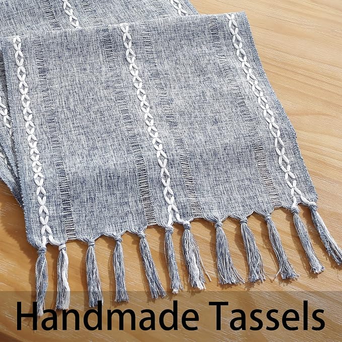 Rustic Boho Table Runner, Farmhouse Table Runners 90 Inches Long for Kitchen Dining Room, 13x90 Inches, Blue Lines