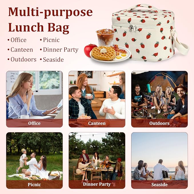 TESAFNG Insulated Lunch Bag for Women, Cute Corduroy Reusable Lunch Box for Adult, Leakproof Cooler Bag for Work Office Travel Picnic, Lunch Tote Bag with Adjustable Shoulder Strap (Strawberry)