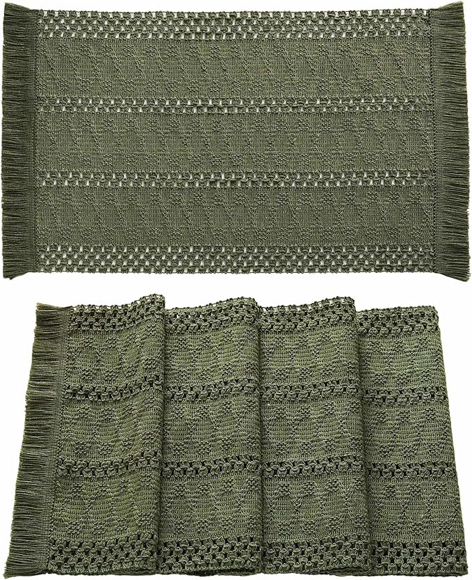 ZeeMart Macrame Style Boho Placemats Set of 4, Olive 12x20 Inch | Decorative Farmhouse Table Mats, Natural Cotton Woven Place Mats, Bohemian Home Decor for Kitchen Dining Table