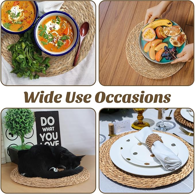 Kochorie Set of 6 Round Woven Placemats 15 Inch Bulrush Placemats Natural Handwoven Boho Rattan Wicker Table Mats for Farmhouse & Home Dining