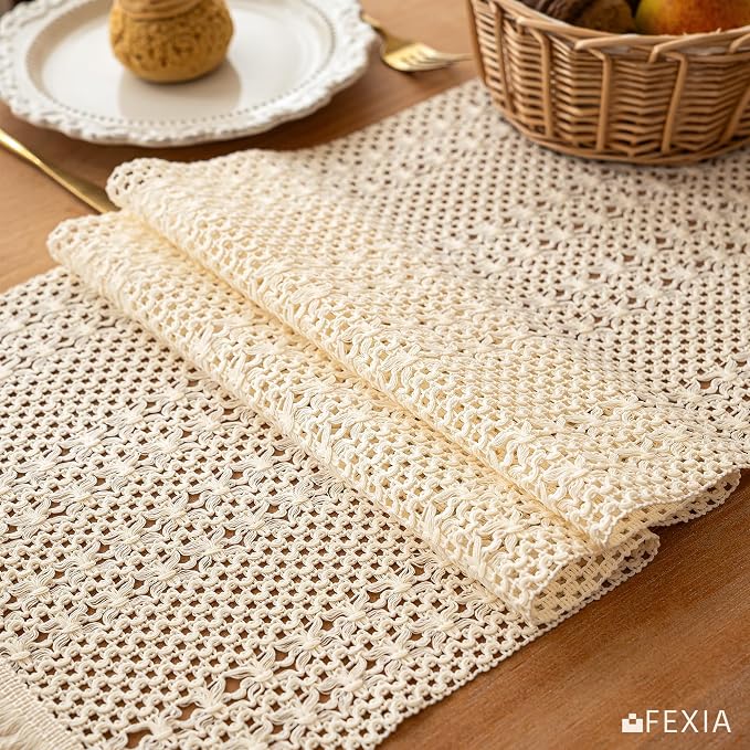 FEXIA Boho Table Runner for Home Decor with Tassels 72 Inch Farmhouse Burlap Table Runner Rustic Lace Decoration for Living Room Dining Table, Entryway Kitchen Natural Beige (12x72 Inch)