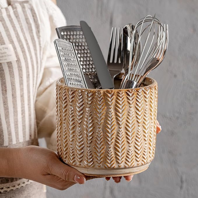 5.3-Inch Ceramic Utensil Crock Utensil Holder Countertop, Embossed Ceramic Storage Canister - with Non-Slip Cork Base, Rustic Farmhouse Multi-Purpose Desktop Organizer, Kitchen Decor(Wheat Brown)