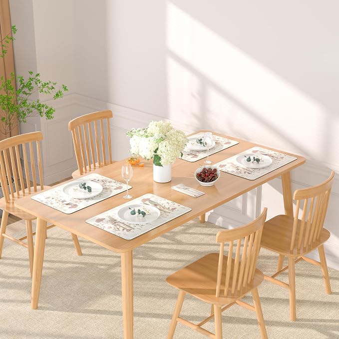 QIYI Placemats Set of 4, 12x18 Inch Faux Leather Place Mats for Kitchen Dinning, Heat Resistant Anti Slip Floral Table Mats, Waterproof Wipeable Washable Placemat Party Beige Table Décor, Pink Flowers
