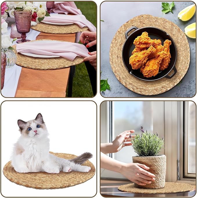 Kochorie Set of 12 Round Woven Placemats 13.5-Inch Natural Water Hyacinth Plant Placemats Hand-Woven Boho Rattan Placemat Wicker Weave Table Mats for Home Dinner Plates Holiday Supplies