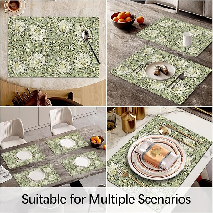 Vintage Floral Placemats Set of 4 William Morris Heat Resistant Table Mats Cottagecore Washable Wipeable Linen Woven Place Mats for Dining Table Mid Century Modern Kitchen Decor 11.8"X17.7"