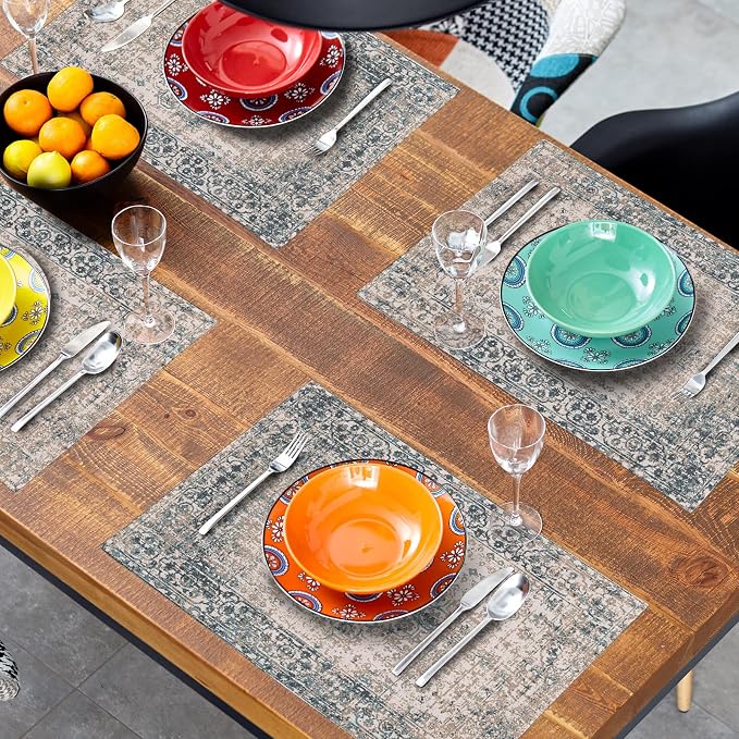 Grey Brown Ethnic Boho Placemats Set of 6 Bohemian Carpet Vintage Gray Linen Washable Kitchen Dining Table Mats Stain Heat-Resistant Desktop Decor Place Mats for Home Party Indoor 12x18 in