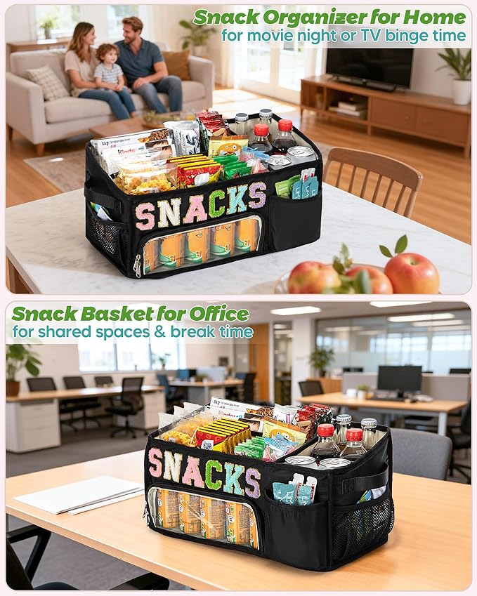 Fasrom Large Snack Organizer for Countertop, Chenille Letter Snack Basket Organizer with 6 Compartments, Pantry Storage Bin with Handles, Food Container Snack Box for Chips, Candy, and Snacks, Black