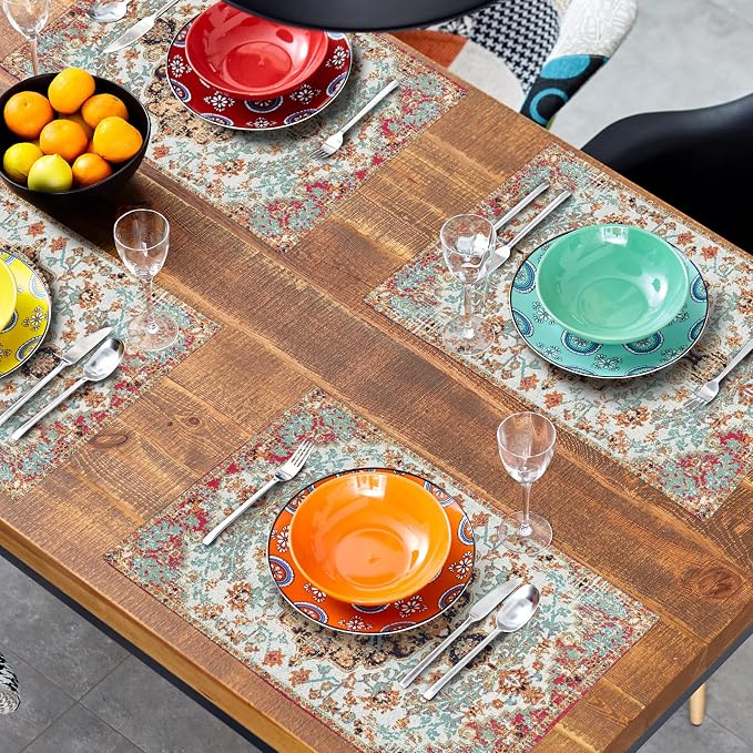 Ethnic Boho Placemats Set of 4 Bohemian Carpet Vintage Black Coral Floral Linen Washable Kitchen Dining Table Mats Stain Heat-Resistant Desktop Decor Place for Home Party Indoor 12x18 in