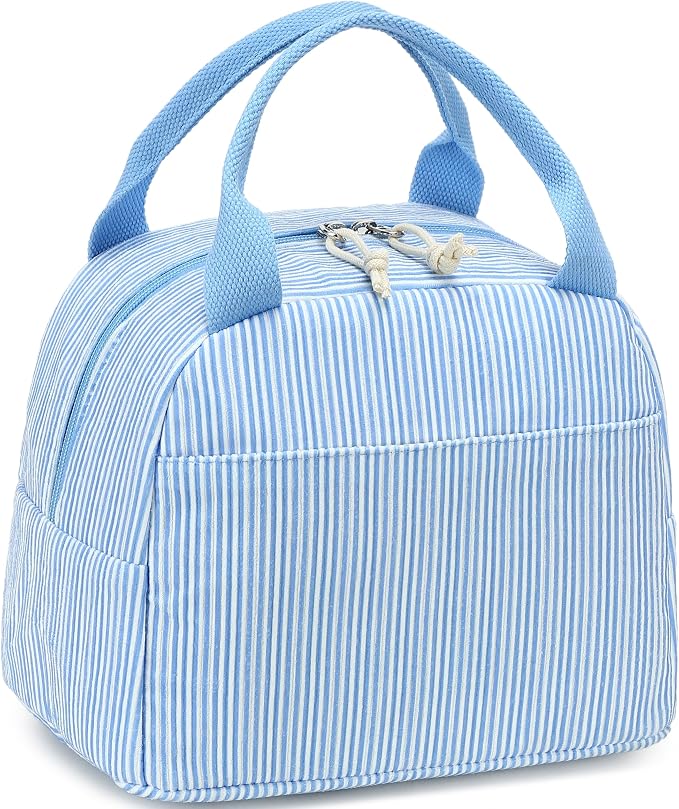 LEDAOU Lunch Box for Women Insulated Lunch Bag Corduroy Lunch Tote Bags Leakproof Cooler Lunch Case for Travel Work Picnic (K-Stripes-Blue)