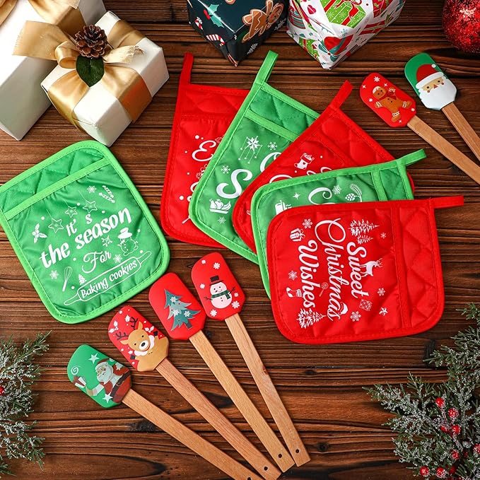 Yaomiao 12 Pcs Christmas Pot Holders with Silicone Spatula Set Wooden Handles Pot Holders for Christmas Kitchen Utensils xmas Baking Gifts for Neighbor Cooking Essentials (Classic)