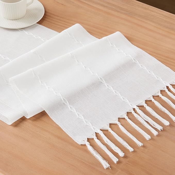 Braided Farmhouse Table Runner, Braided White 13x90 Inch, Cotton Linen Table Runners 90 Inches Long, Embroidered Striped White Boho Table Runner Rustic Home Decor