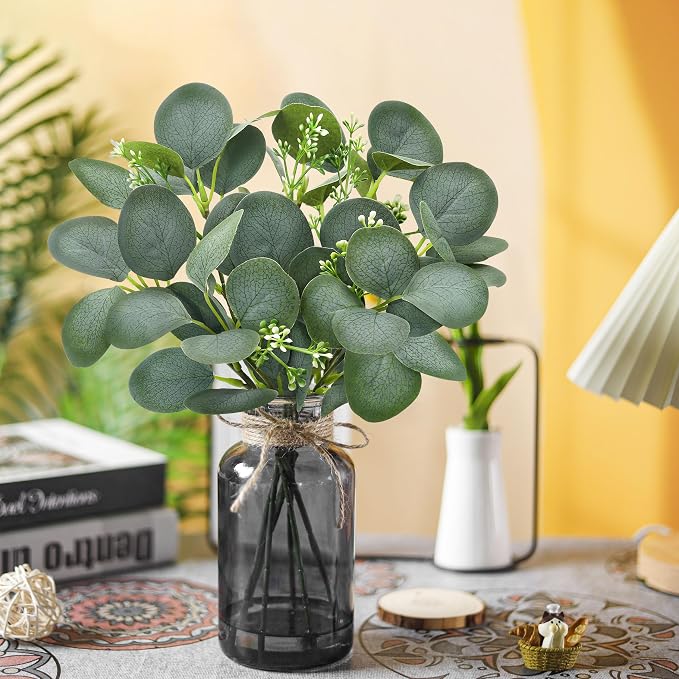 Der Rose 13.5" Fake Plants for Black Bathroom Decor Artificial Eucalyptus Stems in Black Glass Vase with Faux Water for Office Desk Accessories Farmhouse Home Table Centerpiece Decor(Sage Green)