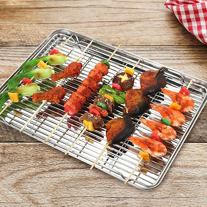 KALLORY 2pcs Stainless Steel Cooling and Baking Wire Racks 30x23cm Oven-safe Heavy Duty Sheet Pan Roasting Rack for Cookie and Bread Baking