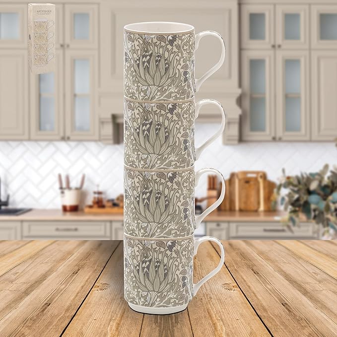 The Leonardo Collection William Morris Christmas Artichoke Stacking Mugs Set 4 for Hot & Cold Drinks | Durable Coffee Cups for Home & Office | Easy-to-Hold Coffee Mugs for Beverages & Daily Use