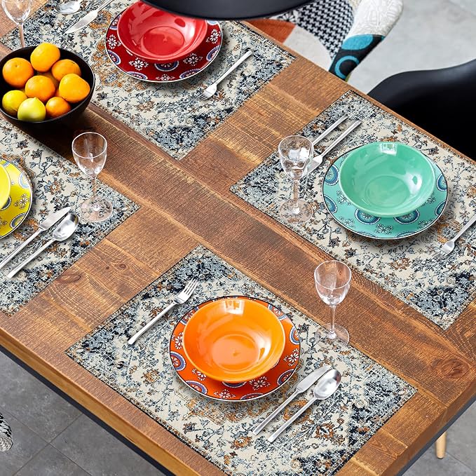 Brown Navy Blue Ethnic Boho Placemats Set of 4 Bohemian Carpet Vintage Gold Black Tan Floral Linen Washable Kitchen Dining Table Mats Stain Heat-Resistant Desktop Place for Home Party 12x18 in