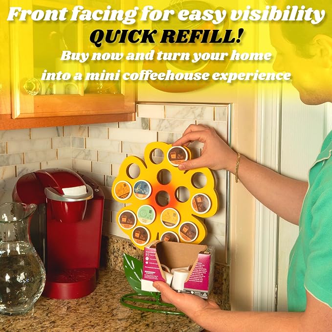 Made Easy Kit Front Facing Countertop Coffee Pods Holder - Compatible with K-Cups Practical meets Whimsical - Coffee Bar Decor for Home Café Kitchen Nook (Yellow Sunflower)