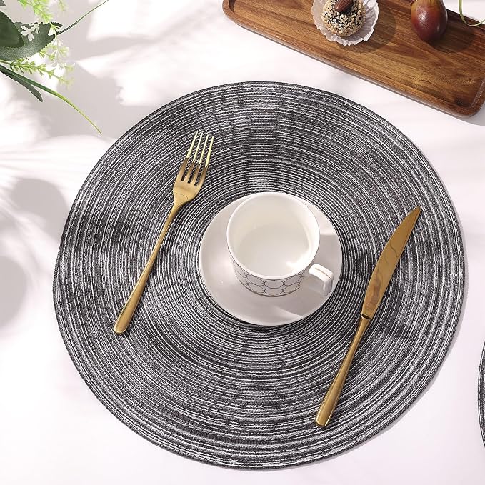 SHACOS Round Braided Placemats Set of 8 Round Table Mats for Dining Tables Non Slip Washable (Black Grey, 8)