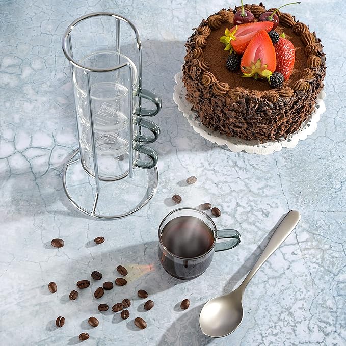 Gibson Soho Lounge Stackable Glass Espresso Cups with Rack, 4-Piece Set, 3.8oz – Durable Glass Coffee Cups