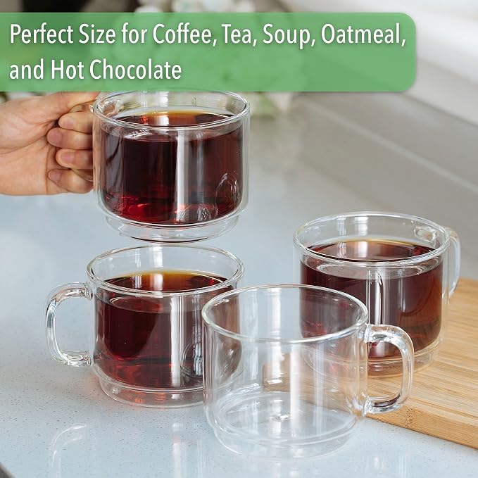 BTaT- Double Walled Stackable Glass Coffee Mugs, 16 oz, Set of 4, Glass Coffee Cups with Handle, Insulated Clear Coffee Mug for Hot and Cold Beverages, Cappuccino, Latte, Tea, Americano
