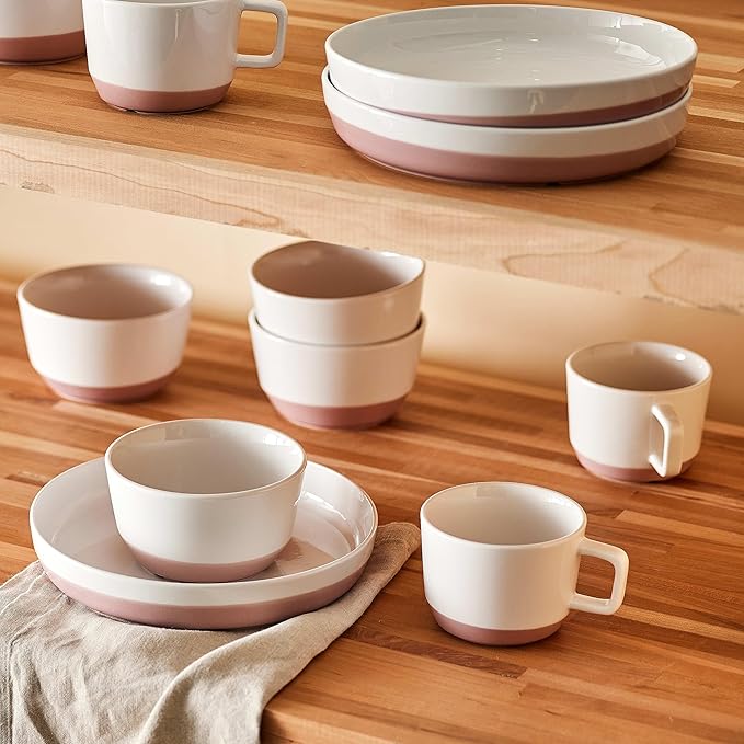 Libbey Austin Himalayan Pink Porcelain Coffee Mugs, Modern Colorblocked Large Coffee Mugs Set of 4, Stackable Ceramic Mug Set for Holidays, Daily Use