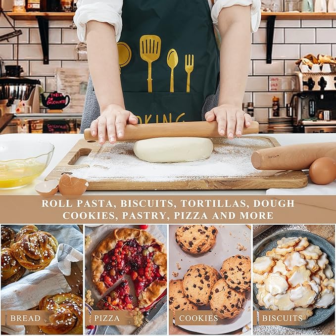 Bamber Wood French Rolling Pin for Baking Small Wooden Rolling Dowel Stick Dough Roller for Cookie Dumpling Pastry Pizza Tortilla, 13.4'' by 1.2''