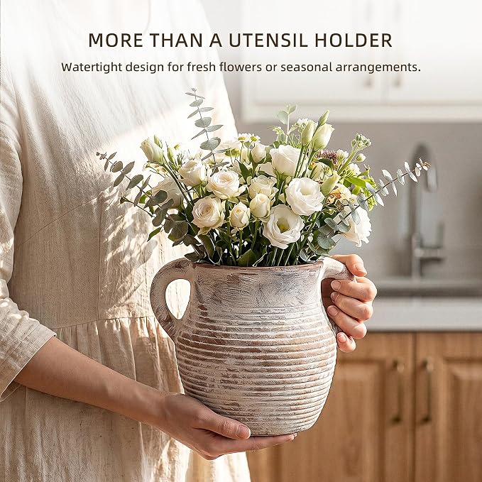 Rustic Utensil Holder for Kitchen Counter - Large Ceramic Farmhouse Cooking Utensil Crock & Organizer for Spatula, Spoon - Vintage Kitchen Decor (Taupe)