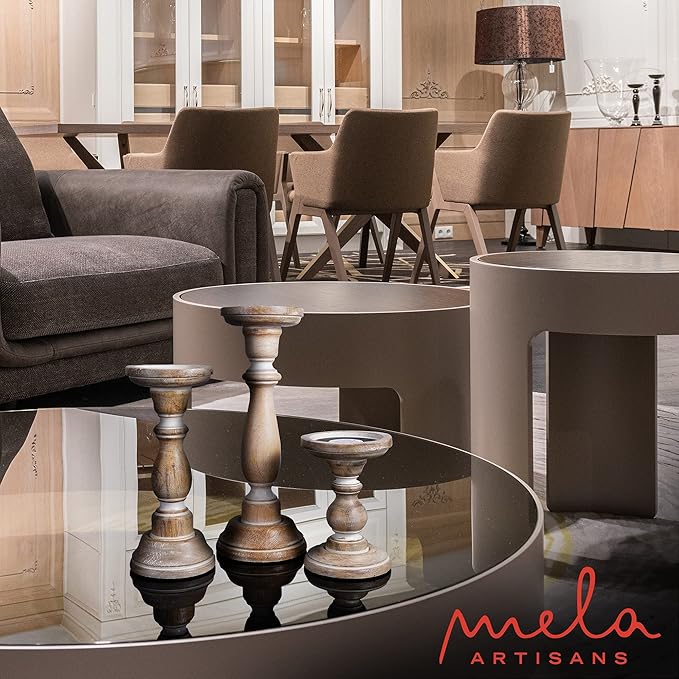 Mela Artisans 6”, 9” & 12” Mango Wood Pillar Candle Holder Set of 3 – Tuli Design Whitewashed – Wooden Candle Holders for Table, Mantel & Living Room Décor