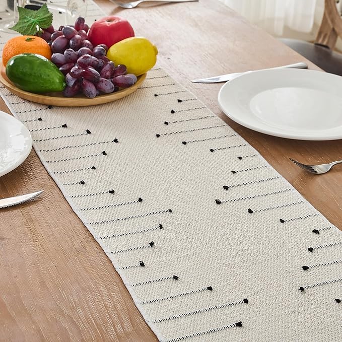 Table Runner 90 Inches Long, Boho Style with Handmade Tassels, 70% Cotton & 30% Linen, Modern Farmhouse Home Decor for Living Room (Beige Black, 12x90 Inch)