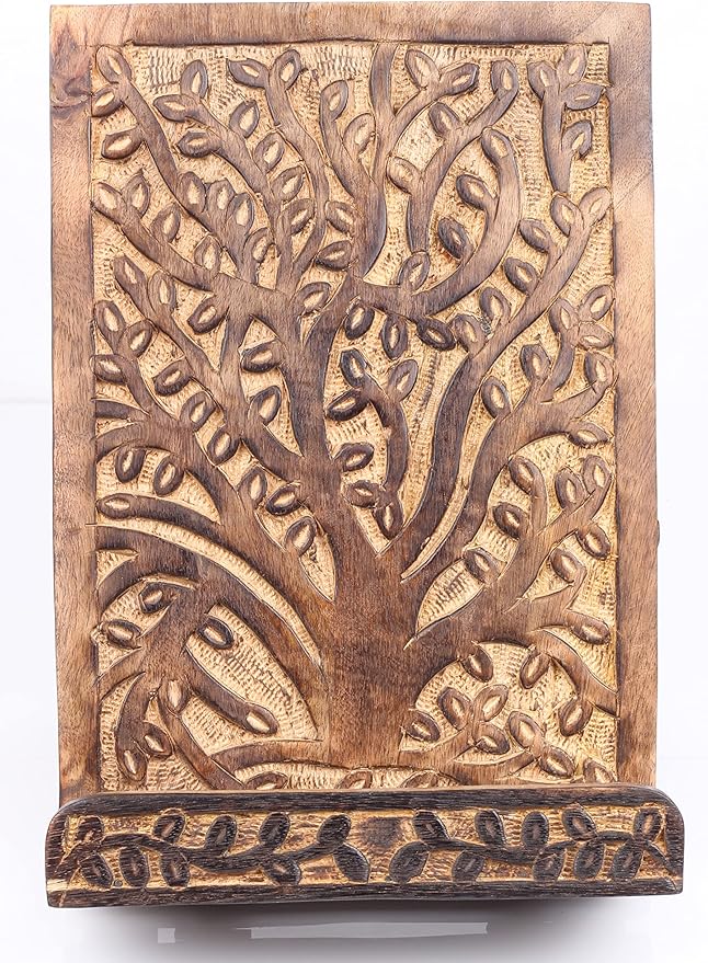 Hand-Carved Tree of Life Cookbook Stand - Adjustable & Foldable Reading Holder/Kitchen/Office/Desk