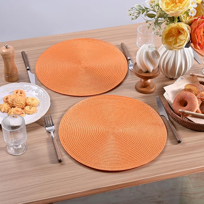 Feuille Round Braided Placemats Set of 4 Place Mats for Dining Table Woven Washable Non-Slip Table Mats 13.5 Inch Orange 4pcs
