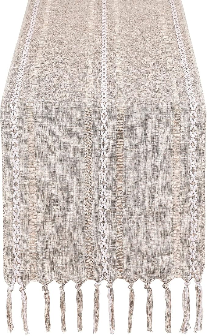 Chassic Fall Rustic Farmhouse Style Linen Table Runner, Boho Handmade Tassel Table Runners 72 Inches Long for Holiday Party, Thanksgiving and Dining Decorations, 13 x 72 inch - Light Coffee