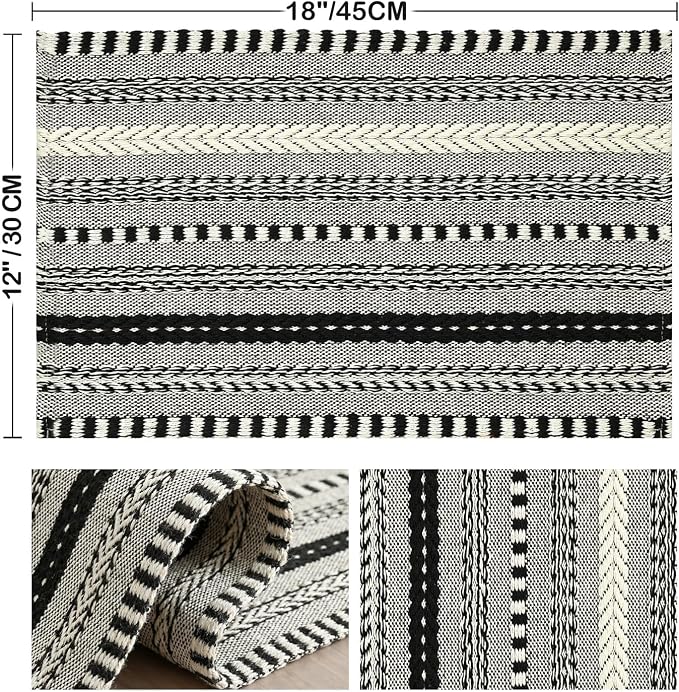 Artoid Mode Black Farmhouse Woven Braided Stripe Placemats Set of 6,12x18 Inch Seasonal Holiday Table Mats Party Kitchen Dining Decoration