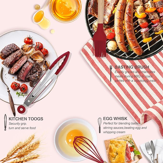 Kitchen Utensils Set 12 Pieces Nonstick Silicone Cooking Utensils Wood Handle Silicone Cooking Utensils Set with Holder Dishwasher Safe BPA Free(red)