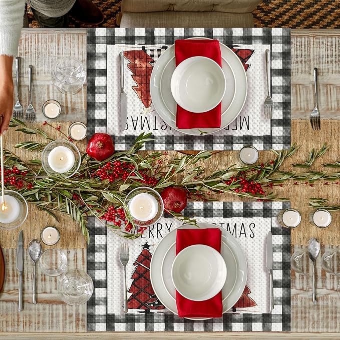 Aofmee Christmas Placemats Set of 6, Washable Christmas Place Mats for Kitchen Dining Table, Indoor/Outdoor Woven Vinyl Christmas Table Mats, Non-Slip Heat Resistant Holiday Placemats Easy to Clean