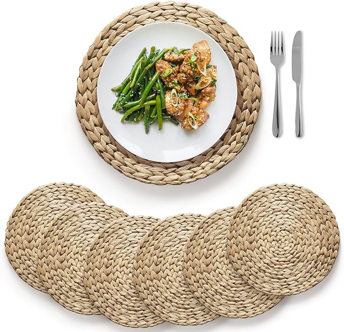 BLUEWEST Woven Placemats (Sizes: 12''–15''), Round Rattan Wicker Mats, Water Hyacinth Braided Set, Heat Resistant & Non-Slip for Dining Plates (13.5'', Set of 6)