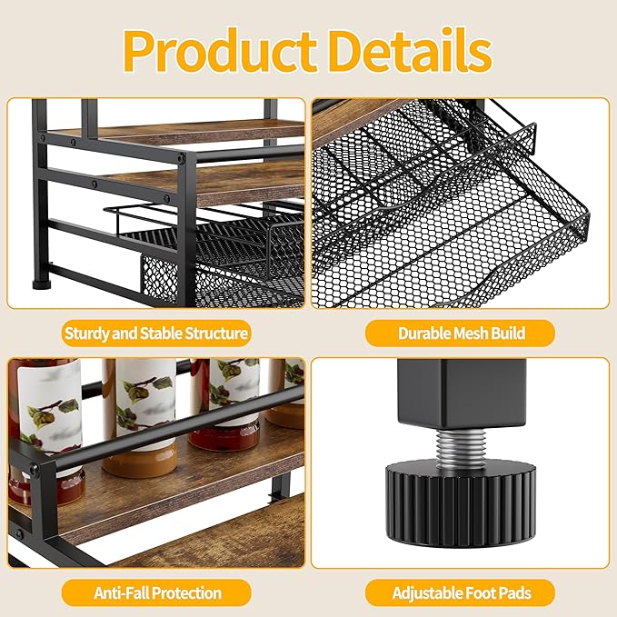 4 Tier Coffee Syrup Rack Organizer, Coffee Bar Organizer for Countertop, Coffee Station Organizer with 2 Sliding Drawers for Pods, K Cup Holder, Stirrer and Condiment, Brown