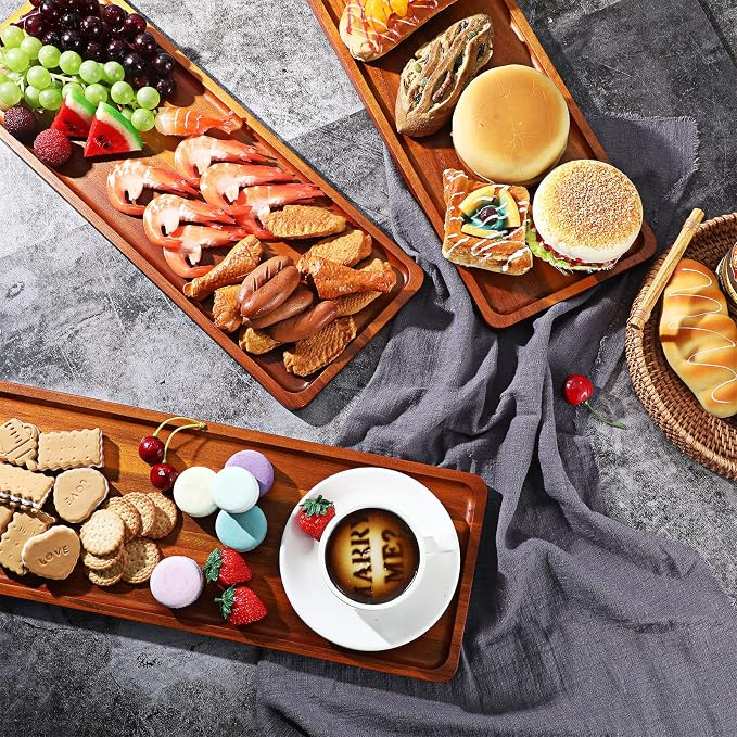 Skylety 15 Pack Solid Wood Serving Tray Large Acacia Party Server Platter Rectangular Charcuterie Board with Grooved Handle for Home kitchen Cheese Appetizer Farmhouse Table Supplies (16.7 x 6.4 Inch)