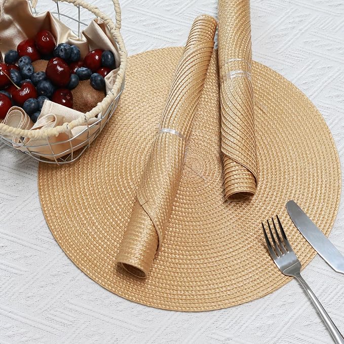 Winknowl Round Braided Placemats Set of 8 Washable Woven Heat Resistant Table Mats for Kitchen Dining Tables 15 inch Round Place Mats (Camel,8pcs)