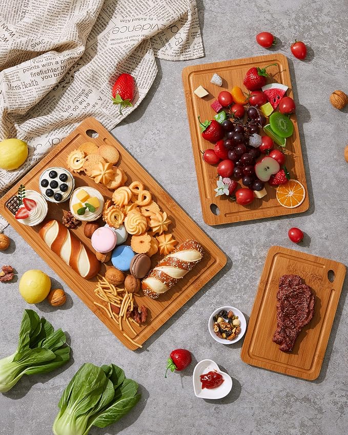 Garvee Deep-Carbonized Bamboo Cutting Board Set of 3 - cutting board set with Handle, Bamboo Cutting Boards for Kitchen, Heavy Duty chopping board with deep juicy groove 15x10, 12x8, 9x6 inch