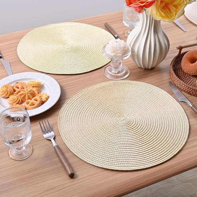 Feuille Round Braided Placemats Set of 6 Place Mats for Dining Table Woven Washable Non-Slip Table Mats 13.5 Inch Beige 6pcs