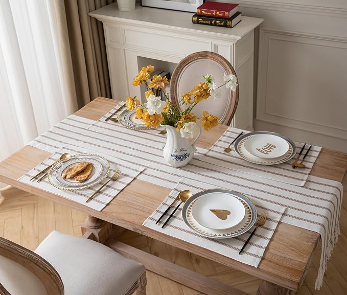 Caflife Boho Farmhouse Placemats Set of 4, Taupe Stripes Cotton Linen Woven Table Mats for Modern Dining Table, 13x19 Inch Rustic Kitchen Decor Place Mats