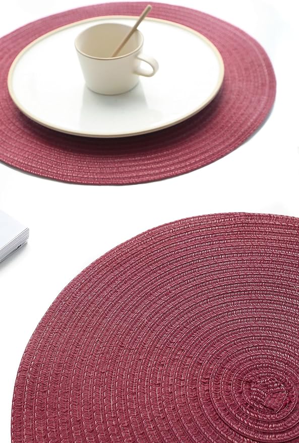 Floroom 15 Inch Round Braided Placemats Set of 4, Washable Heat Resistant Cotton Polyester Circle Place Mats for Kitchen Dining Table - Burgundy