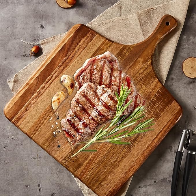 Large Acacia Wood Cutting Board with Handle - Wooden Charcuterie Board, Chopping Board for Kitchen, Meat, Cheese, Vegetable, Fruit and Snack Board, Decorative Serving Board for Counter, 17"x13"