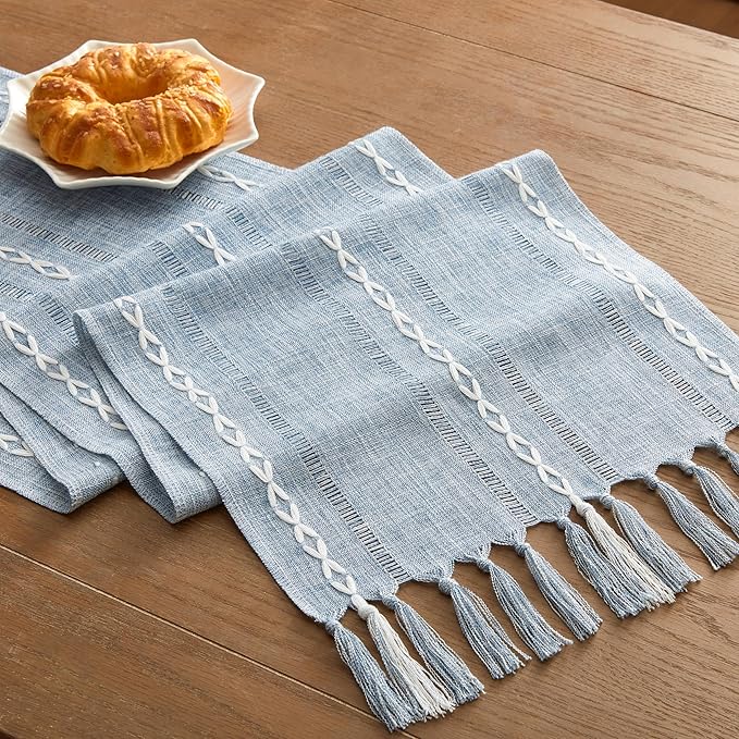 Hemstitched Farmhouse Table Runner, Blue 13x60 Inch, Cotton Linen Table Runners 60 Inches Long, Embroidered Striped Blue Boho Table Runner Rustic Home Decor