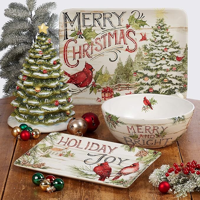 Evergreen Christmas 16 oz Ceramic Mugs – Set of 4 – Holiday Cardinal Design with Festive Sayings – Durable Stoneware Drinkware for Hot Cocoa, Coffee, Tea & Winter Gifting
