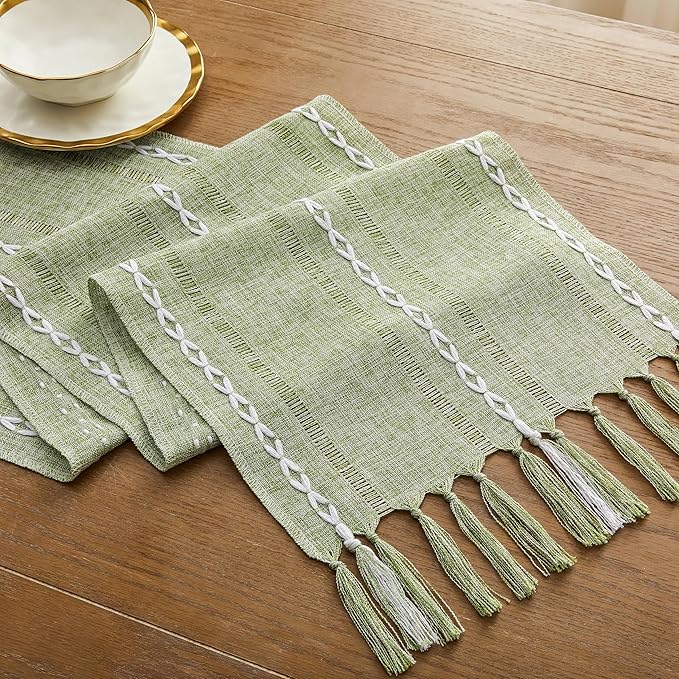 Hemstitched Farmhouse Table Runner, Sage Green 13x72 Inch, Cotton Linen Table Runners 72 Inches Long, Embroidered Striped Sage Green Boho Table Runner Rustic Home Decor